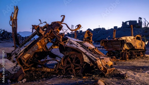 Twisted Wreckage of Burned Cars in Ruined Landscape