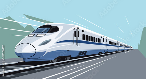 Foto Modern high-speed train traveling on tracks through a scenic landscape