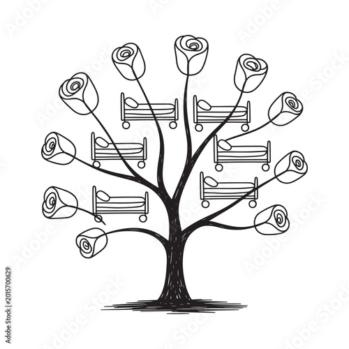 Baby carriage tree sketch black and white line drawing