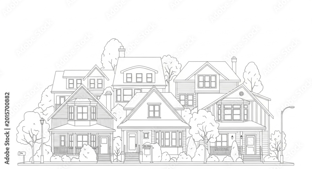 Obraz premium Sketch of charming suburban houses with trees and foliage.