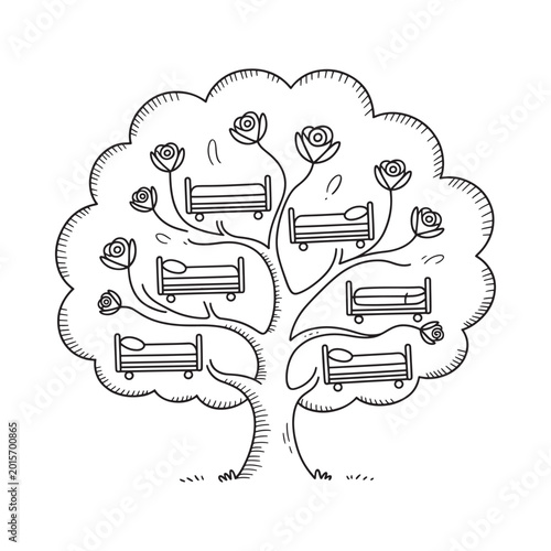 Tree with baby carriages line drawing illustration on white