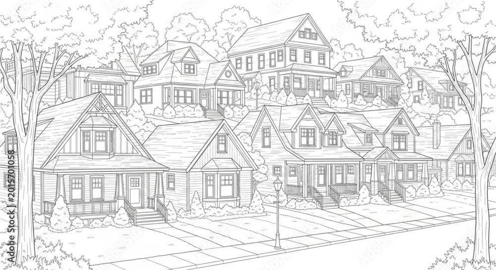 Naklejka premium Sketch of suburban houses with trees and gardens.