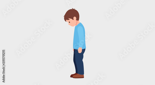 Bild auf Leinwand Sad Boy Looking Down, Feeling Upset, Childhood Sadness, Isolated on Gray Backgro