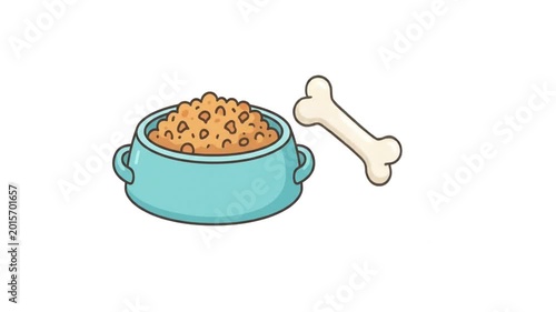 A cartoon illustration of a light blue pet food bowl filled with kibble next to a white bone.