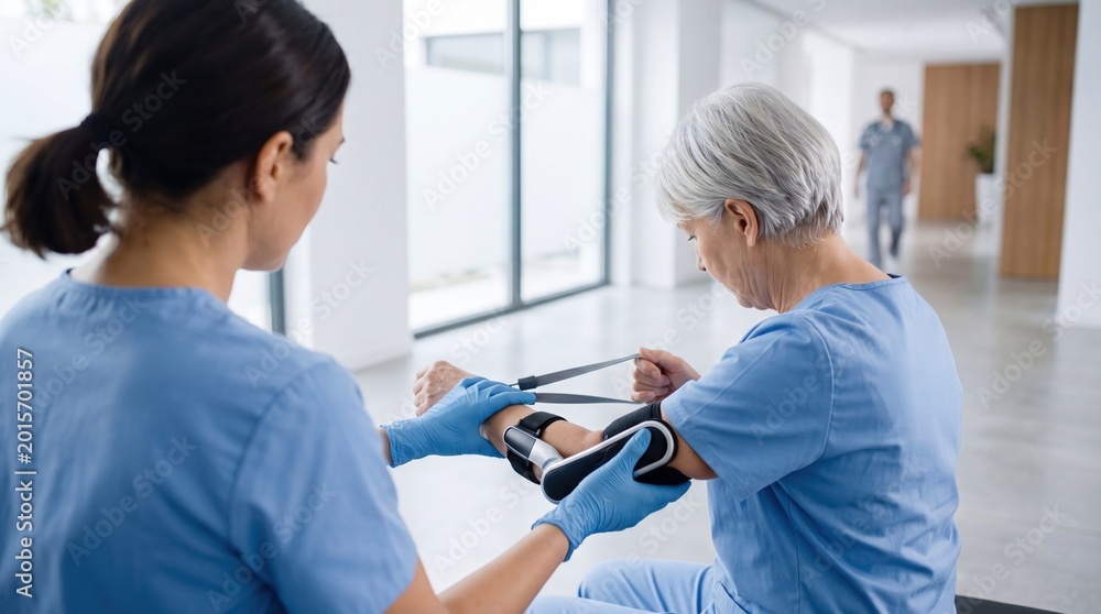 Obraz premium Female nurse checking blood pressure on senior patient in hospital medical checkup health care professional wearing latex gloves treating elderly woman at wellness center