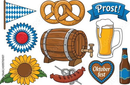 Traditional Oktoberfest vector element set featuring a wooden beer barrel pretzel grilled sausage glass of lager and festive blue pennant flags for German cultural event branding.