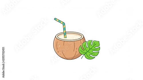 Cartoon illustration of a refreshing coconut drink with a straw and a tropical monstera leaf, perfect for summer refreshment.