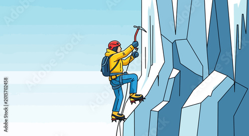 Photos Extreme ice climber scaling a frozen cliff face with ice axe and crampons, adven