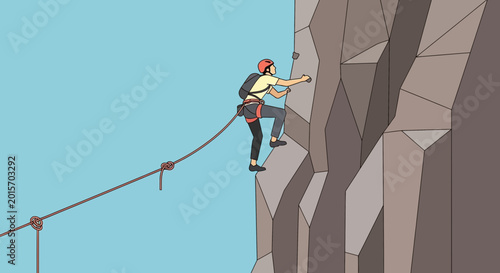 Photography Rock climber ascending steep cliff face with safety rope, blue sky background, a