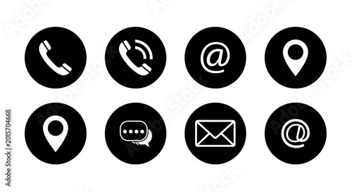 Round Black Icon Set for Contact and Communication Symbols: Phone, Email, Location and More.