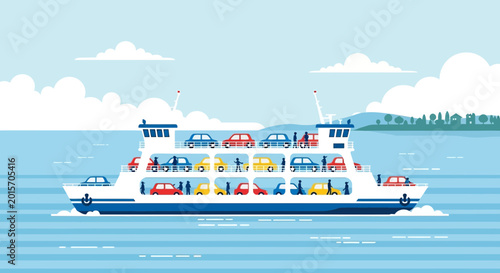 Foto Car Ferry Boat Transporting Vehicles and People Across Water with Scenic Backgro