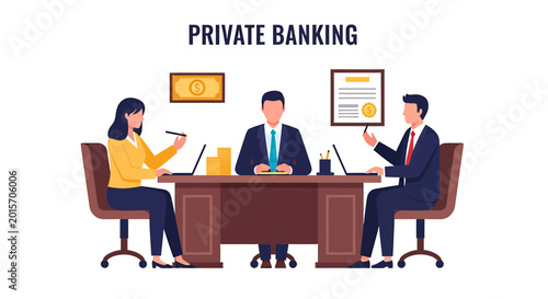 Private banking consultation with financial advisors and clients