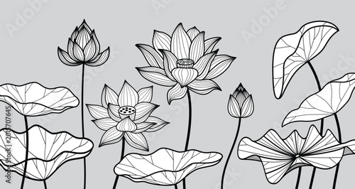 Lotus Flower and Leaf Line Art Illustration Set	