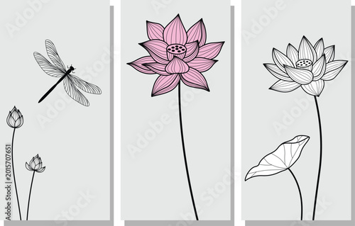 Lotus Flower and Dragonfly Line Art Illustration Set