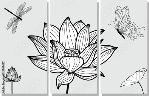 Lotus Flower and Butterfly Line Art Illustration Set