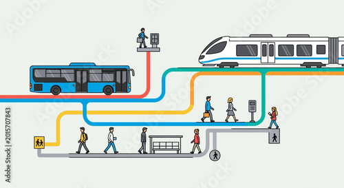 Tableau sur toile Public transportation network: bus and train routes with people commuting