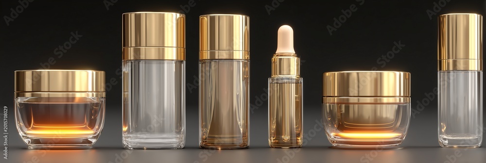 Fototapeta premium Isolated on white background. luxury cosmetic skincare bottle set with elegant glass containers, premium packaging composition, soft natural shadow, advertising quality, high-definition product shot
