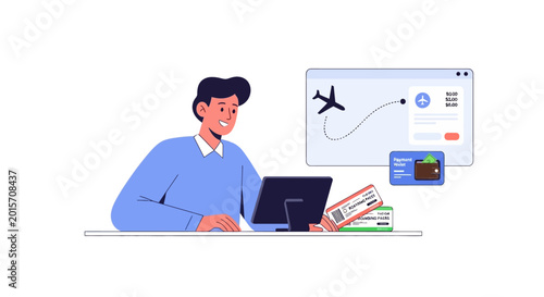 A young man booking flight tickets online using his computer.
