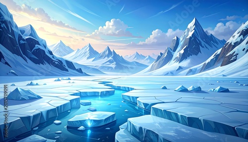 A scenic arctic landscape showcases icy terrain, snow-capped mountains under a light sky with fluffy clouds. A blue river cuts through the ice