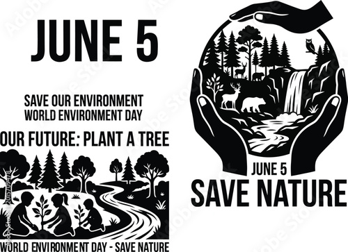 Tableau sur toile World environment day poster with hands cradling forest landscape black silhouet