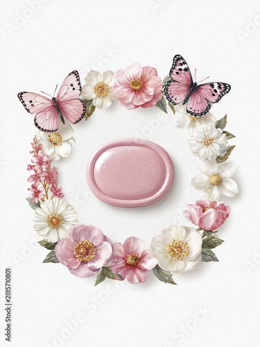 Watercolor Floral Wreath with Pink Butterflies and Central Oval Label on White Background