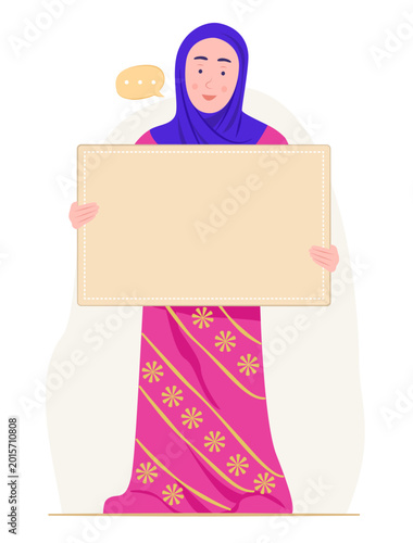 Muslim Woman in Pink Traditional Dress Holding a Blank Banner for Copy Space Concept Illustration Clip Art