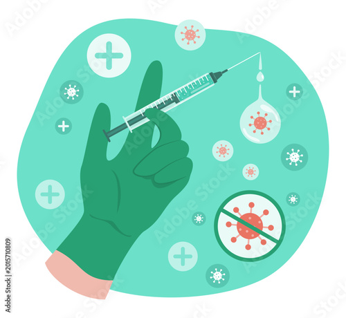 Human Hand in Disposable Medical Glove Holding a Syringe with Dose of Vaccine to Prevent Flu Virus and Bacteria for Healthcare and Medical Concept Illustration Clip Art