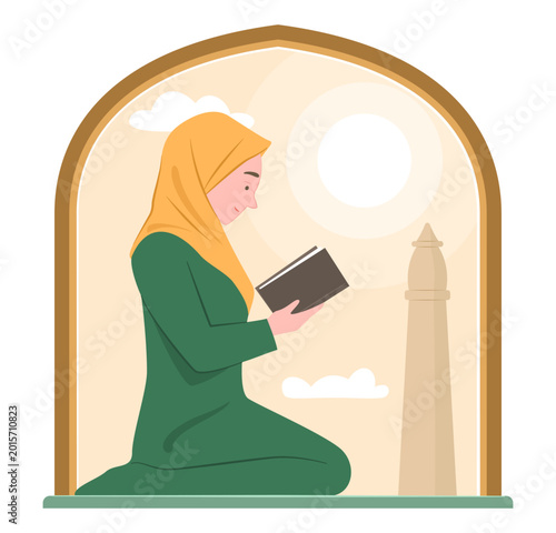 Muslim Woman in Green Traditional Dress Sitting and Reading a Quran Book for Education and Learning Concept Illustration Clip art