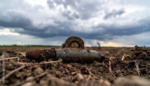 Unexploded Shell Half-Buried in Earth