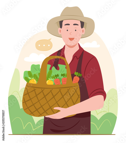 Farmer Man Holding Basket of Fresh Organic Crops and Vegetables in Garden for Gardening, Cultivation and Agriculture Concept Illustration Clip Art