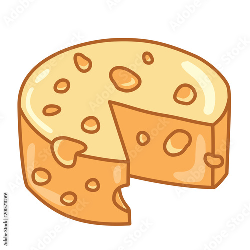 Whole round cheese wheel with a missing slice cartoon illustration