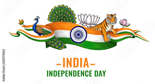Indian Independence Day Illustration with Tiger and Peacock.