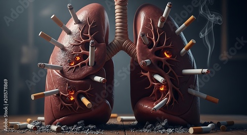 Human Lungs Impaled with Burning Cigarettes Illustrating the Dangers of Smoking and Lung Disease.