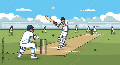 Foto Cricket match illustration: batsman hitting ball, wicketkeeper ready, players on