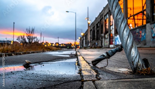 Urban decay streetlights at dusk, cracked road and puddles