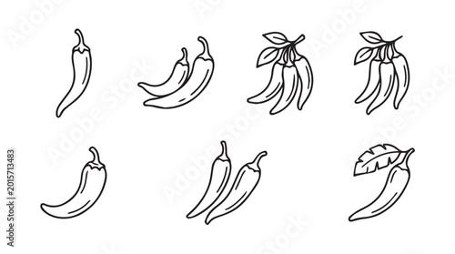 Group of chili peppers with leaves hand-drawn style vegetable ingredient illustration seasoning culinary botanical appetite breakfast delicacy