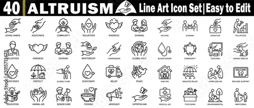 Foto Altruism line art icon set, featuring community care and volunteer work