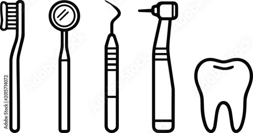 Tableau sur toile Dental care tools illustration with toothbrush, mirror, scaler, drill, and tooth