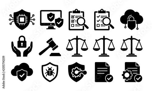 Cybersecurity and Legal Protection Icons, Digital Security, Data Privacy, Law and Order, Compliance, Vector Set