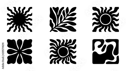 Abstract Organic Shapes, Sun Icons, Floral Element, 6 Piece Vector Set, Black and White Modern Graphic Design