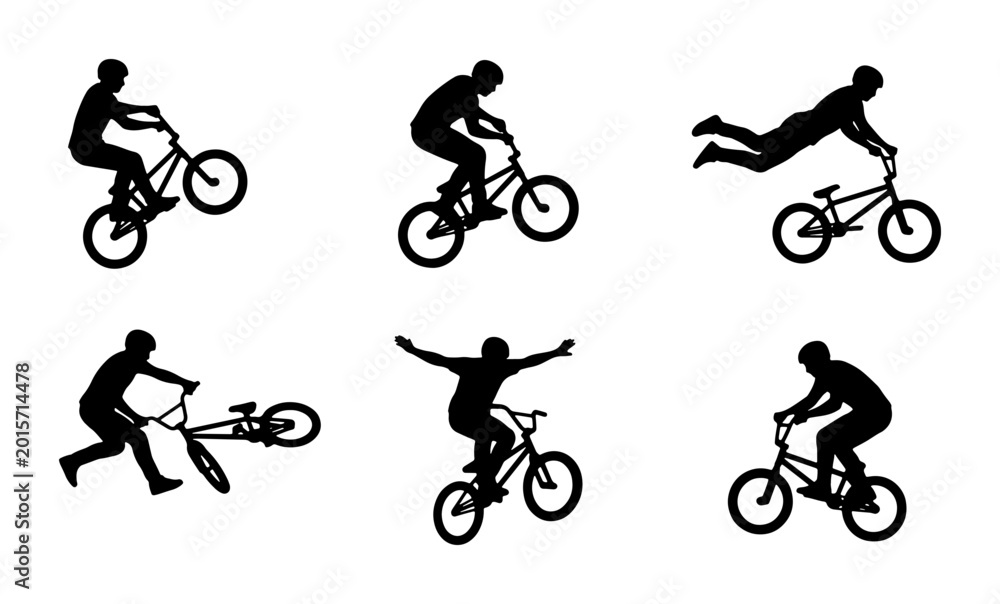 Obraz premium BMX Bicycle Stunt Silhouettes, Extreme Sports Action Poses, Dynamic Cycling Tricks Collection, Vector Graphic Elements