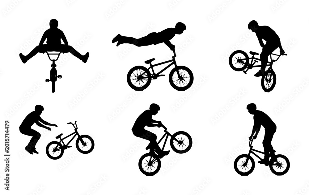 Fototapeta premium BMX Bicycle Silhouettes, Extreme Sports Action Poses, Dynamic Cycling Stunts, Vector Graphic Elements for Action and Adventure Design
