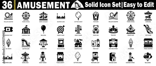 Tableau sur toile Amusement park and fairground solid icon set for carnival recreation