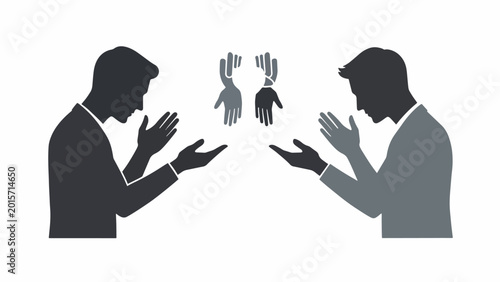 Two businessmen in discussion gesture.