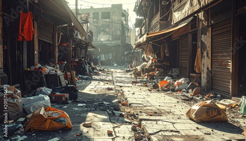 Urban street littered with debris under harsh midday sun