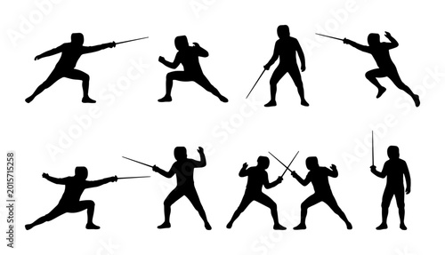 Tableau sur toile Fencing Silhouettes Collection, Athletic Poses, Sword Fighting Action, Sport Com