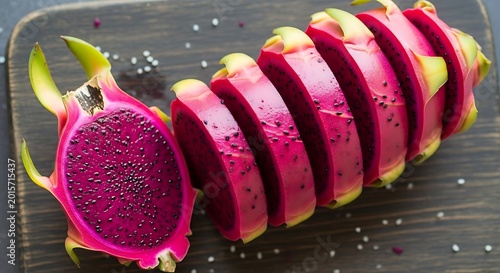 Fresh Dragon Fruit Slices on Wood.