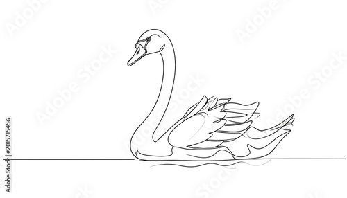 A single-line art illustration depicting a swan gracefully floating on serene water, presented in minimalist black and white