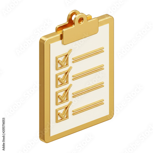 3D Isometric Golden Clipboard with Completed Checklist and Checkmarks