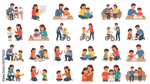 Colorful parenting and child activity icon set showing parents feeding reading playing carrying babies and caring for children in daily family life